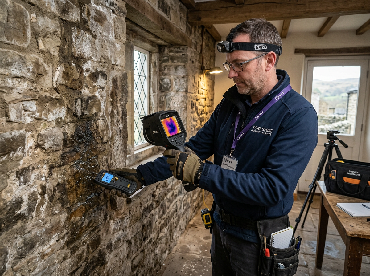 Surveyor's hands using a digital moisture meter on a damp stone wall during a property survey
