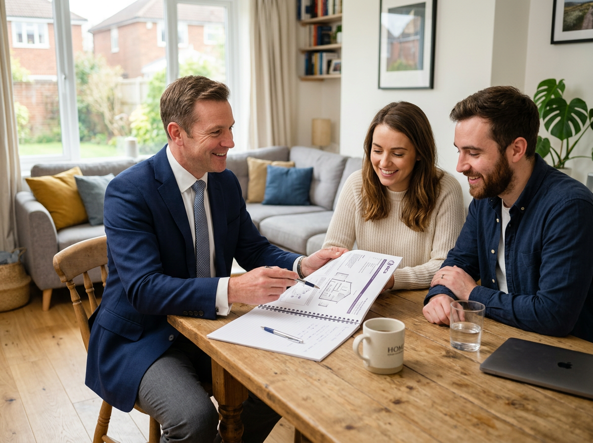 York Surveyors professional reviewing a survey report with a young couple in a bright Yorkshire living room